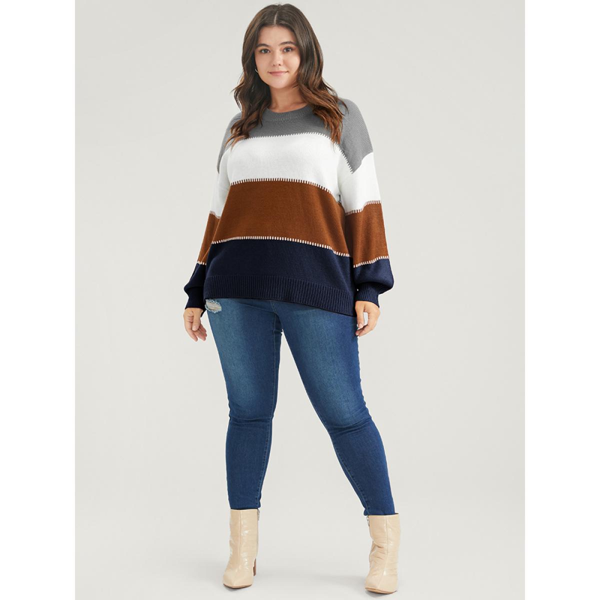 Plus Size Colorblock Contrast Pointelle Knit Round Neck Knit Top DarkBlue Women Casual Long Sleeve Round Neck Dailywear Pullovers BloomChic 30/6X Product Image