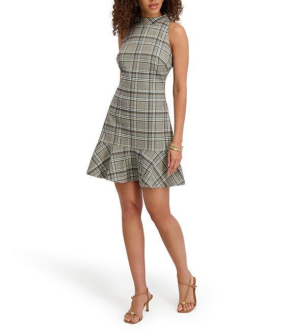 Kensie Woven Sleeveless Crew Neck Plaid Ruffled Dress Product Image
