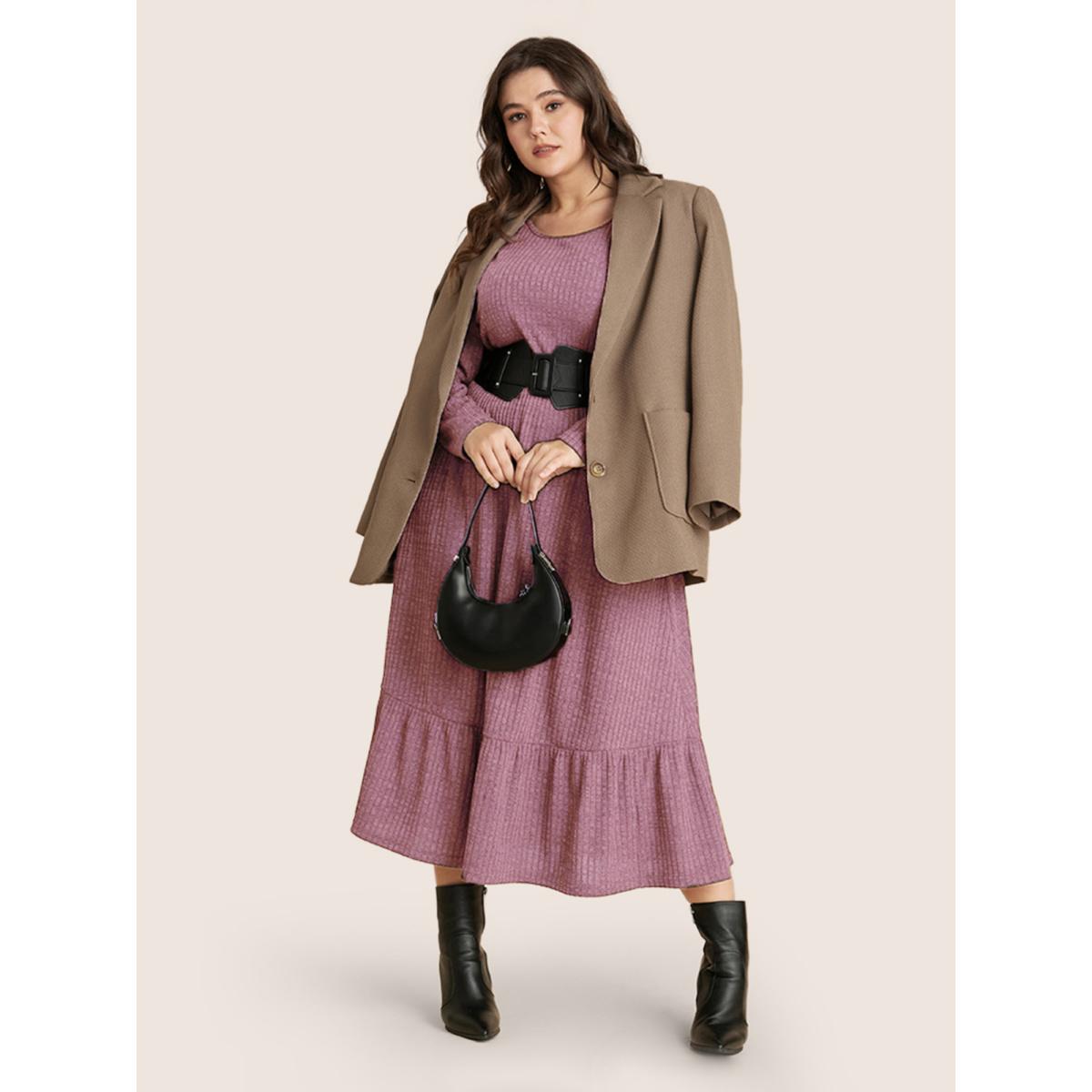 Plus Size Solid Pocket Rib Knit Ruffle Hem Dress Without Belt DustyPink Women Basics Non Round Neck Long Sleeve Curvy Midi Dress BloomChic 12/L Product Image