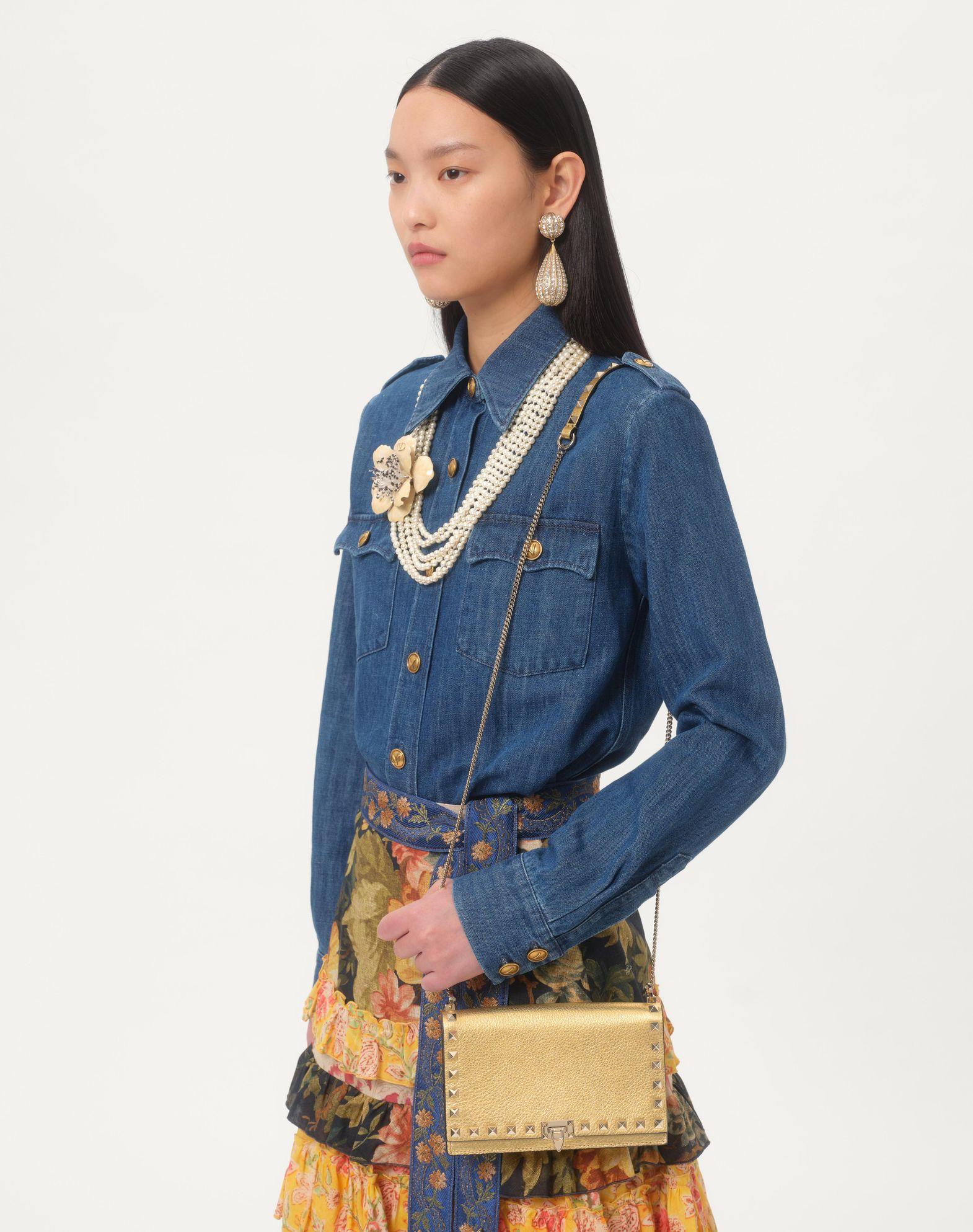 Rockstud Mini Calfskin Bag With Chain In Laminated Grainy Calfskin Product Image