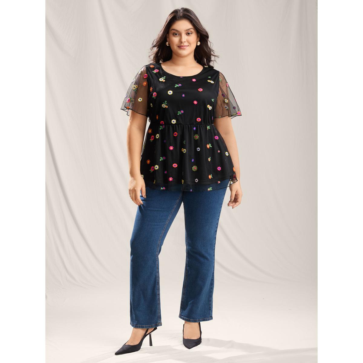 Plus Size Black Floral Mesh Embroidery Babydoll Blouse Women Playful Short sleeve Round Neck Casual Blouses BloomChic 30/6X Product Image