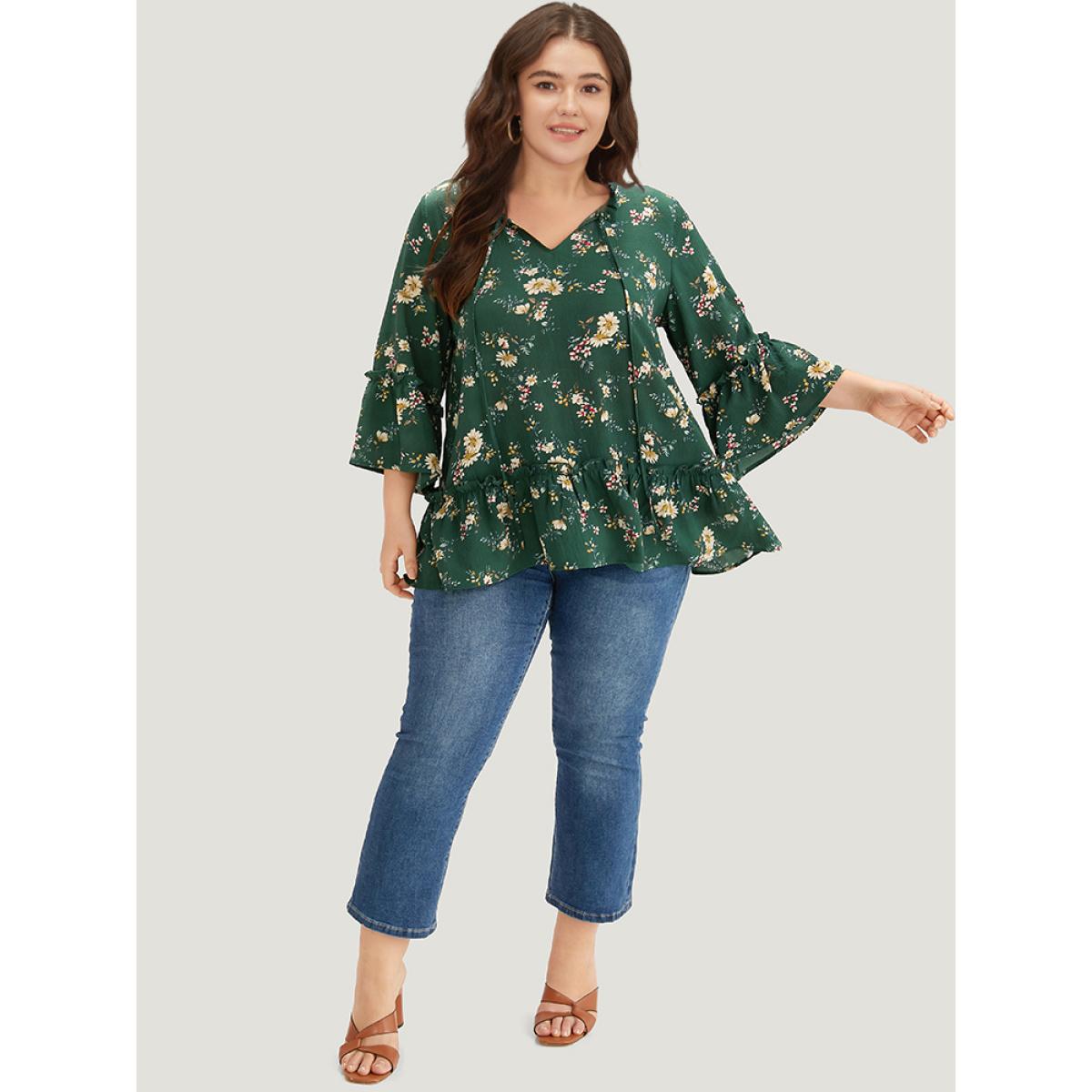 Plus Size DarkGreen Floral Print Knot Neck Ruffle Trim Blouse Women Elegant Elbow-length sleeve Tie Neck Dailywear Blouses BloomChic 12/L Product Image