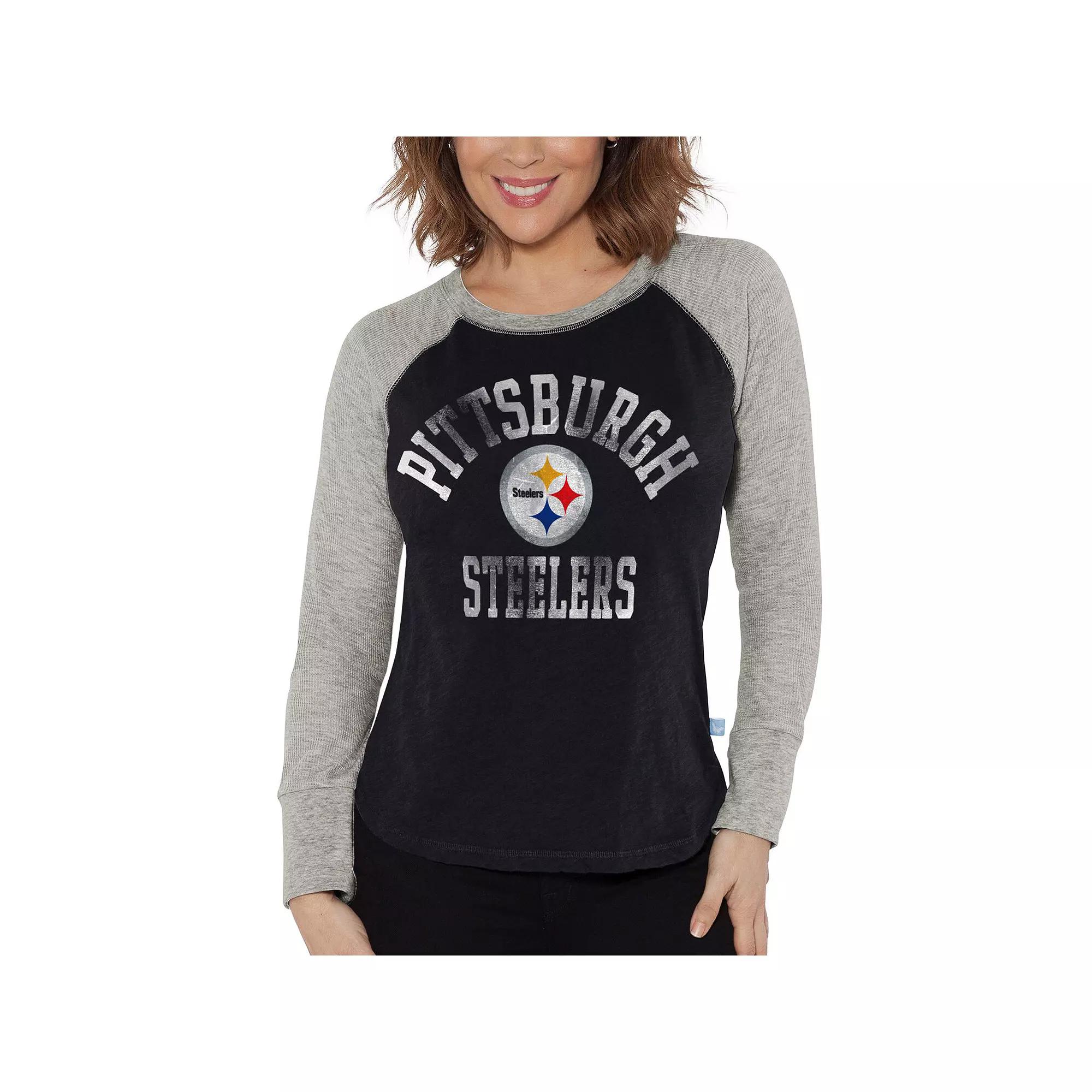 Women's G-III 4Her by Carl Banks Black/Heather Gray Pittsburgh Steelers Waffle Knit Raglan Long Sleeve T-Shirt,  Product Image