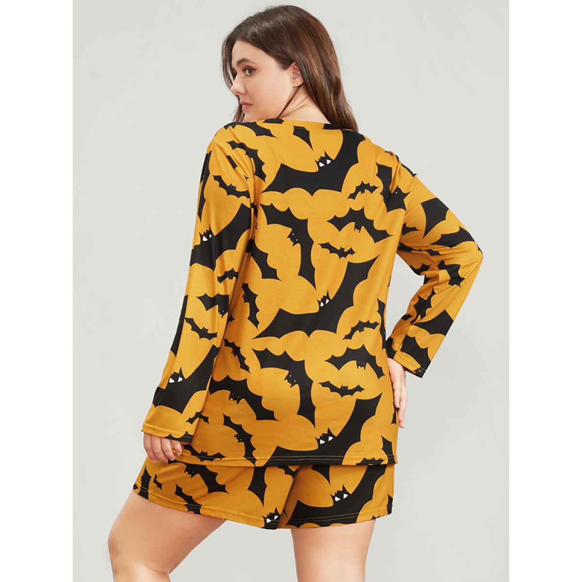 Plus Size Halloween Bat Print Pajama Set Women Orange Graphic-Halloween Printed Long Sleeve Round Neck Casual Loungewear Sets BloomChic 26/4X Product Image