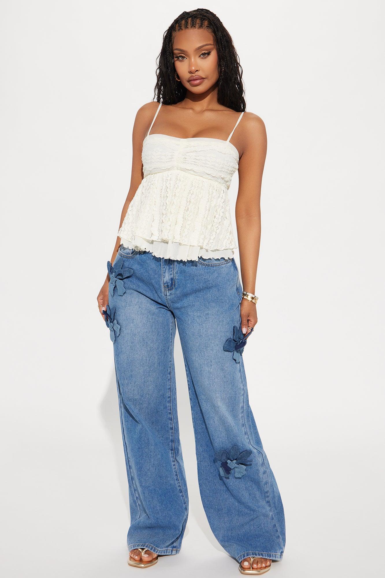 Floria Baggy Flower Applique Jeans - Medium Wash Product Image