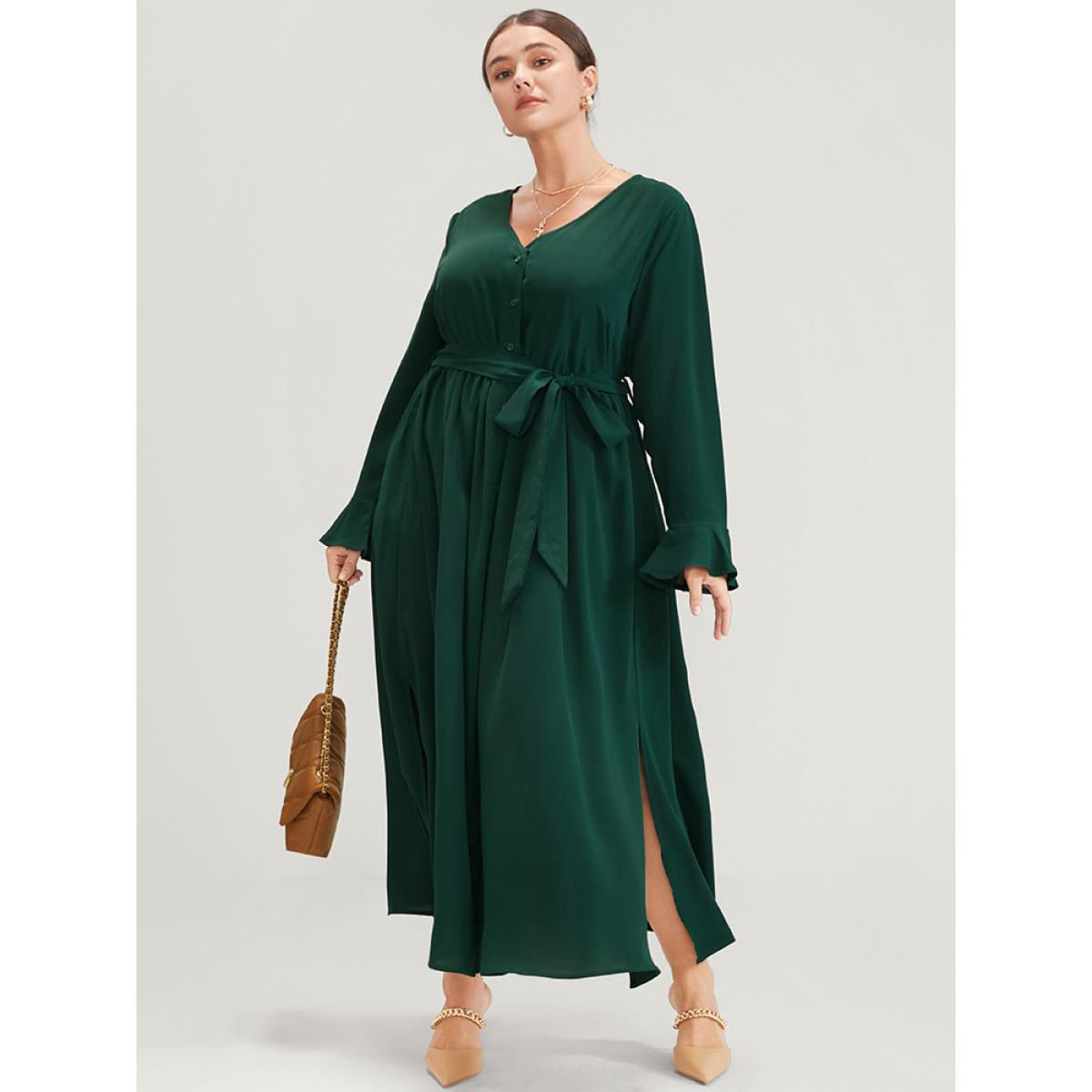 Plus Size Solid V Neck Ruffled Button Detail Belted Split Maxi Dress Green Women Elegant Pocket V-neck Long Sleeve Curvy Long Dress BloomChic 28/5X Product Image