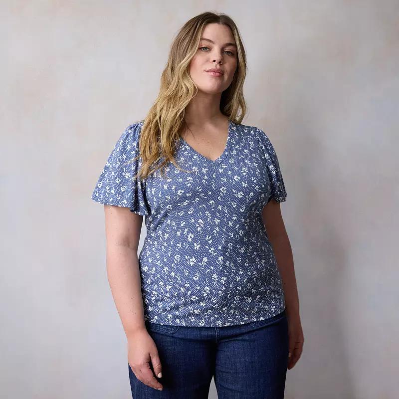Plus Size LC Lauren Conrad V-Neck Flutter Sleeve Top, Women's, Size: 0X, Blue Dottie Fleur Product Image