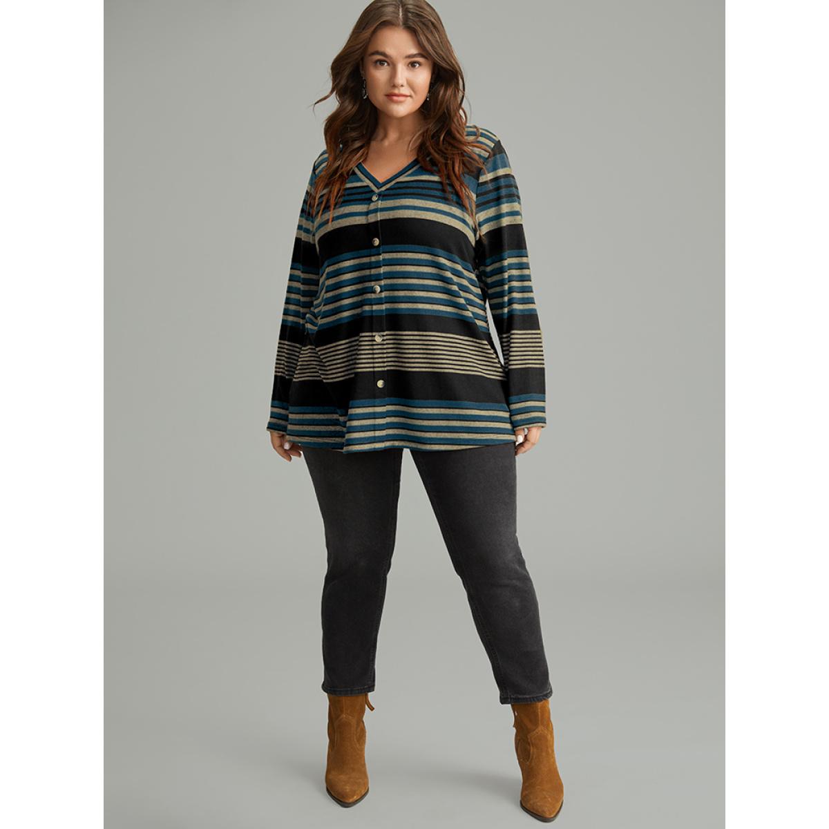 Plus Size Halloween Striped Contrast Button Detail T-shirt Blue Women Casual Contrast Striped V-neck Festival-Halloween T-shirts BloomChic 22-24/3X Product Image