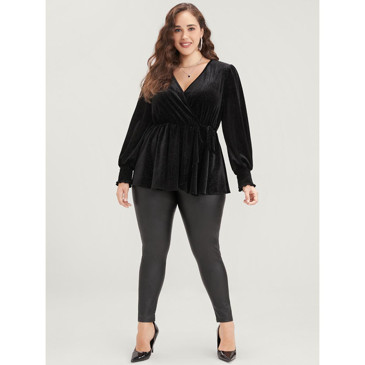 Plus Size Black Solid Shirred Lantern Sleeve Ties Up Velvet Wrap Blouse Women Party Long Sleeve V-neck Going out Blouses BloomChic 26/4X Product Image