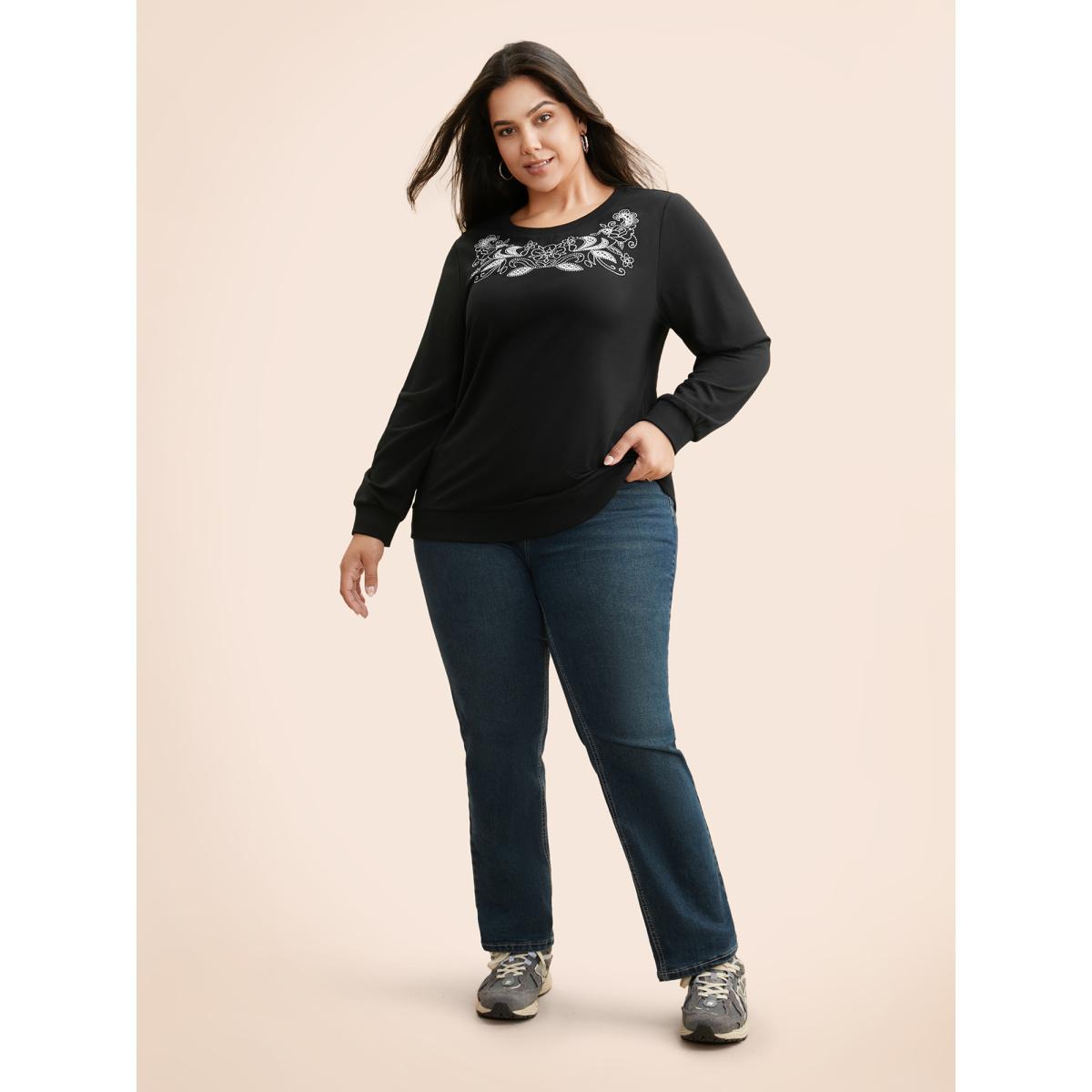 Plus Size Broderie Anglaise Round Neck Sweatshirt Women Black Elegant Broderie anglaise Round Neck Everyday Sweatshirts BloomChic 22-24/3X Product Image