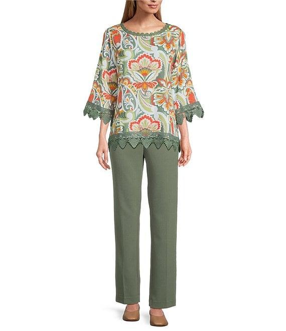 Allison Daley Vintage Paisley Print 3/4 Sleeve Crew Neck Lace Detail Linen Blend Blouse Product Image