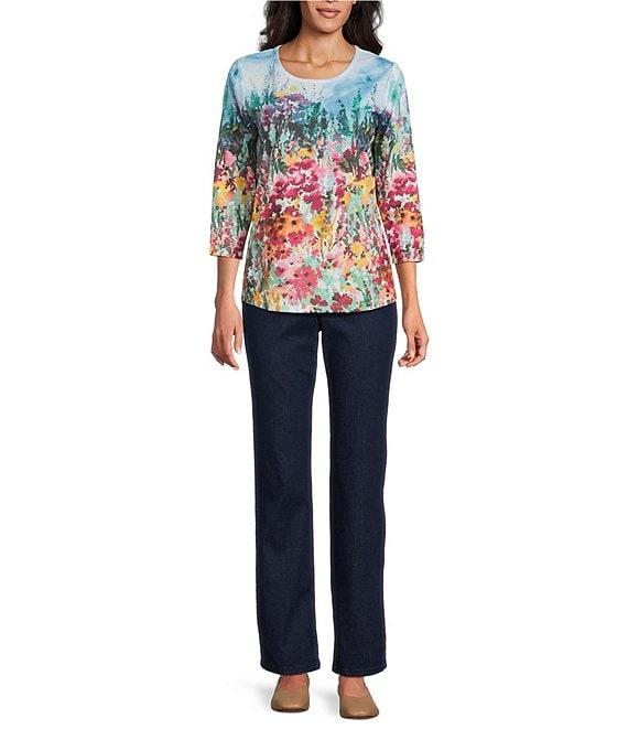 Allison Daley Rhubarb Floral Vale Print Embellished 3/4 Sleeve Crew Neck Knit Top Product Image