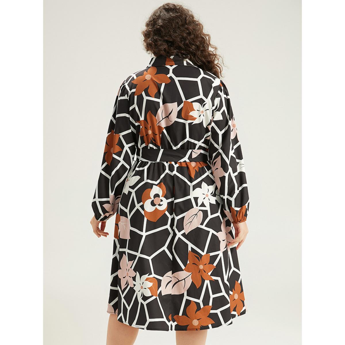 Plus Size Geometric & Plants Button Through Pocket Dress Multicolor Women Office Elastic cuffs Shirt collar Long Sleeve Curvy Midi Dress BloomChic 12/L Product Image