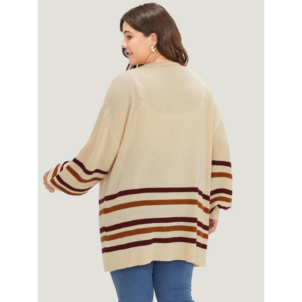 Plus Size Striped Contrast Open Front Cardigan Apricot Women Casual Loose Long Sleeve Dailywear Cardigans BloomChic 18-20/2X Product Image