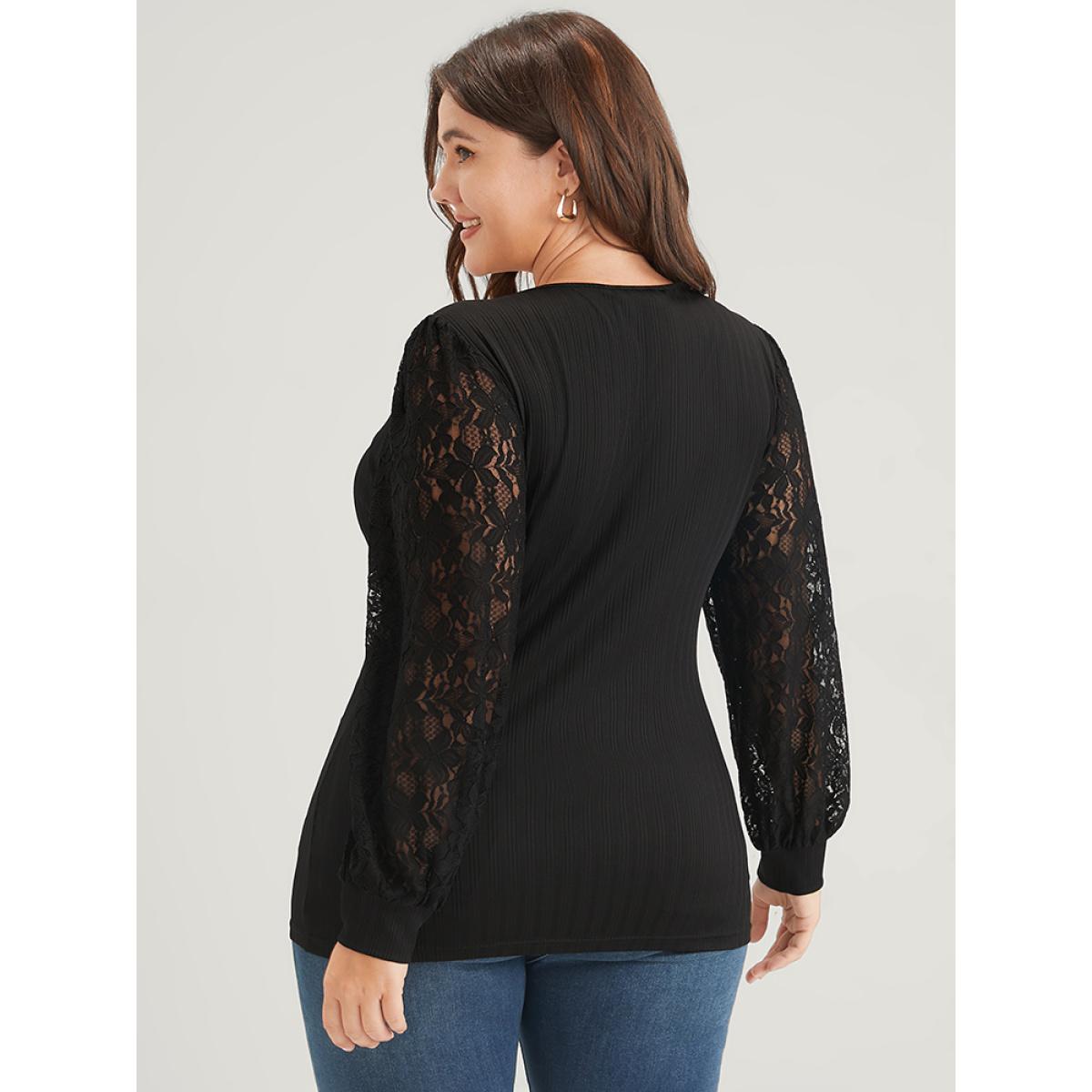 Plus Size Solid Rib Knit Contrast Lace Lantern Sleeve Long Tee Black Women Elegant Plain Plain V-neck Dailywear T-shirts BloomChic 30/6X Product Image