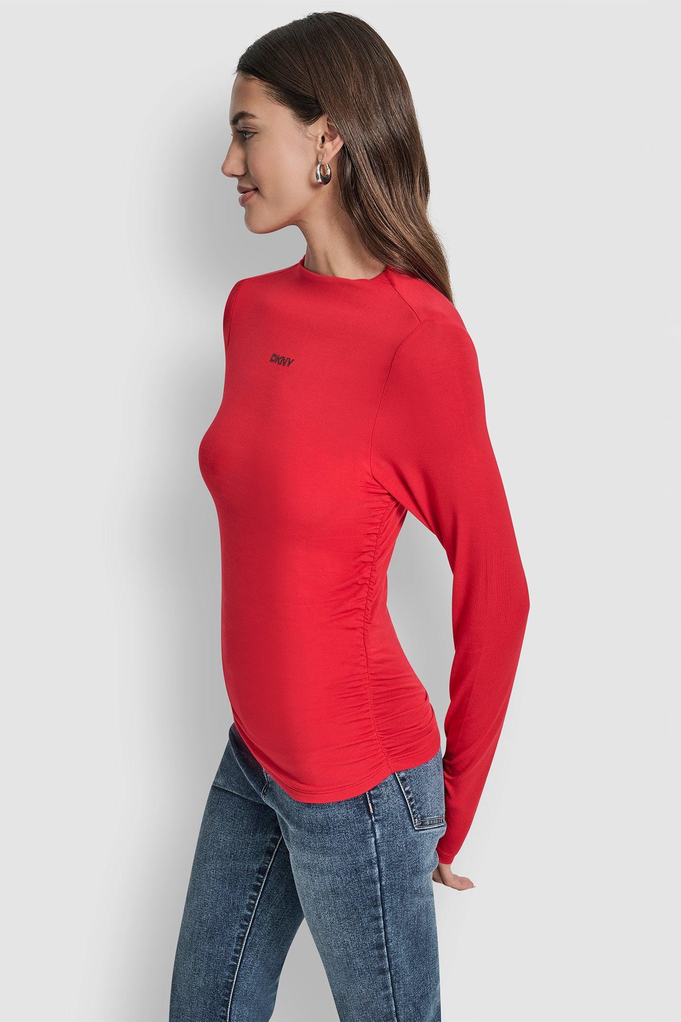 SIDE RUCHED HIGH NECK LONG SLEEVE TOP WITH RHINESTONE Product Image