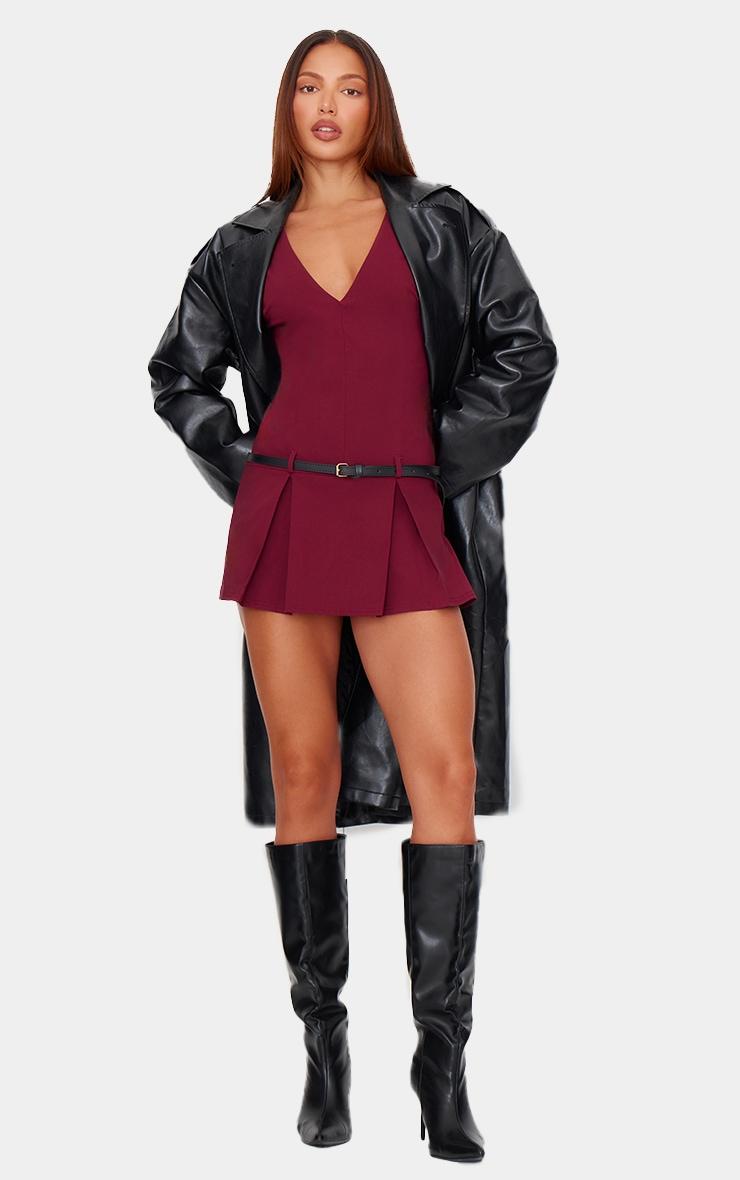 Burgundy Stretch Woven Pleated Belted Skort Romper Product Image