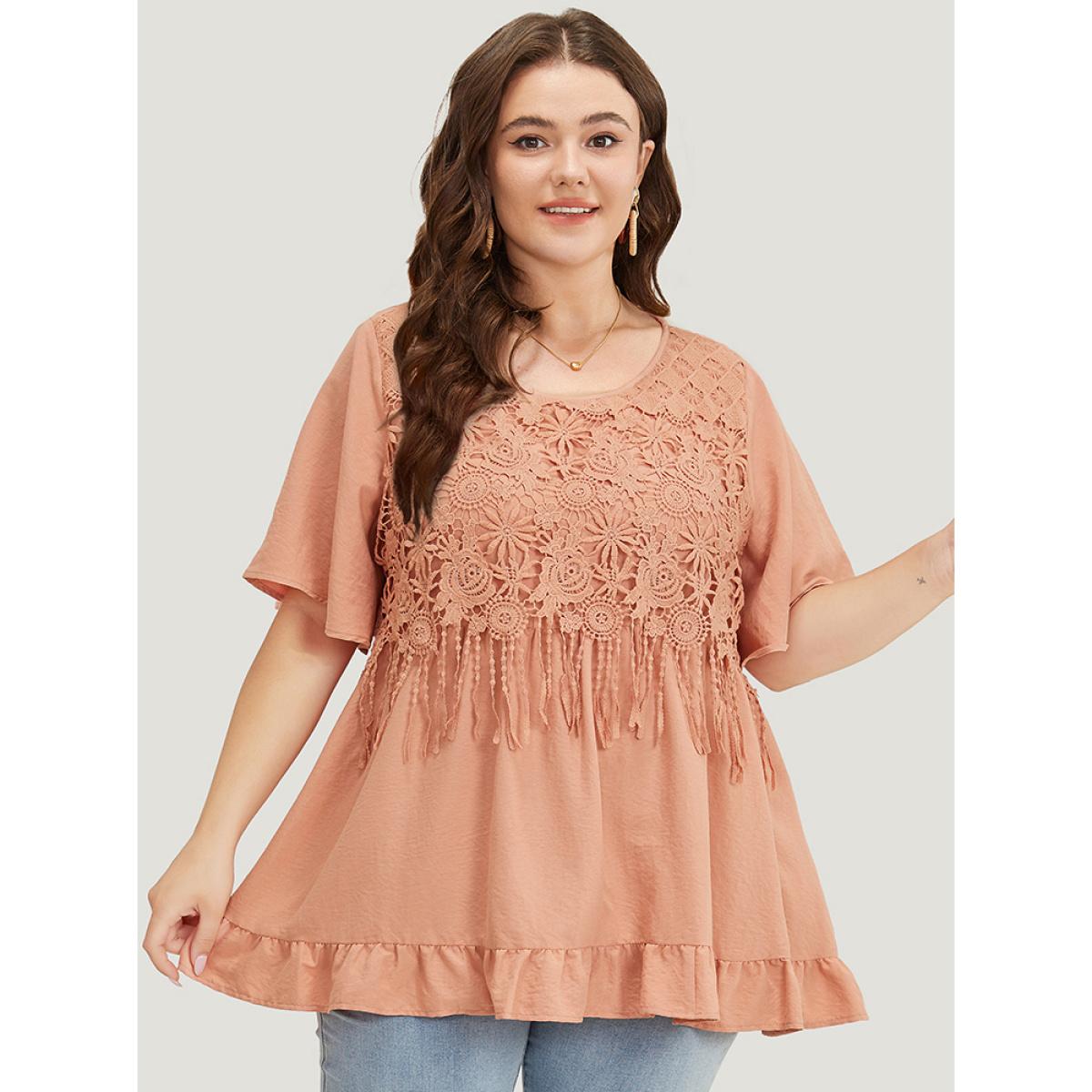 Plus Size Coral Solid Contrast Lace Fringe Trim Flutter Hem Blouse Women Vacation Short sleeve Round Neck Dailywear Blouses BloomChic 12/L Product Image