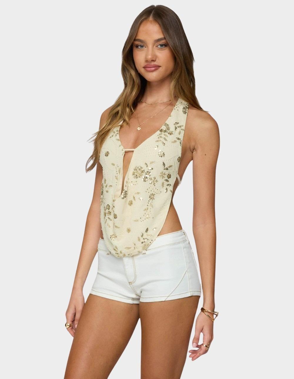 EDIKTED Beaded Chiffon Backless Cowl Neck Top - BEIGE Product Image