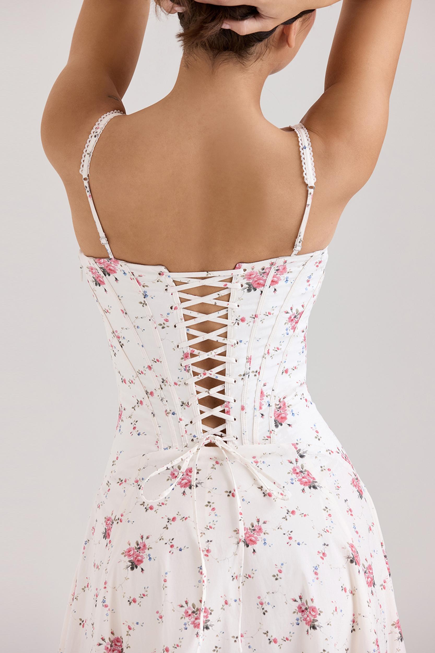Steffani  white stretch cotton rose print midi sundress Product Image
