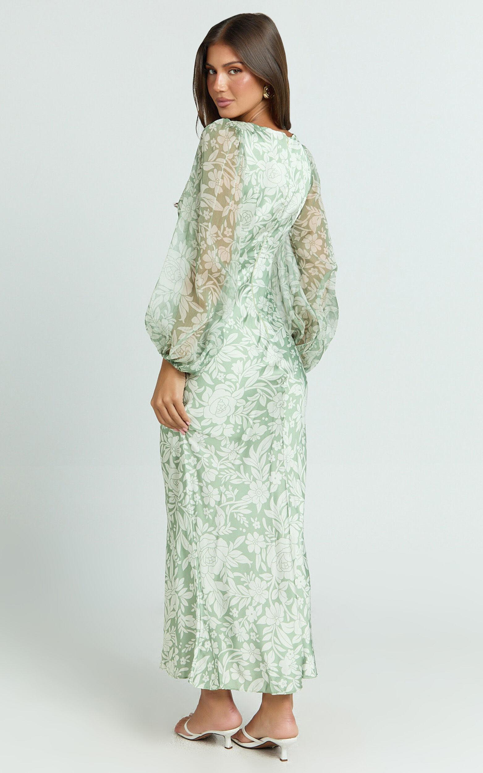 Freollyn Midi Dress - Deep V Neck Long Sleeve Dress in Sage Product Image