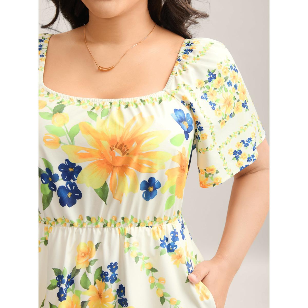 Plus Size Floral Fun Print Stretchy Waist Midi Dress Ivory Women Square Neck Short sleeve Curvy BloomChic 22-24/3X Product Image
