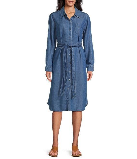 Allison Daley Petite Light Indigo Wash Long Roll-Tab Sleeve Point Collar Neck Lyocell Denim Midi Shirt Dress Product Image