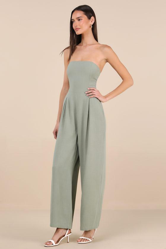 Breezy Essential Sage Green Linen Wide-Leg Jumpsuit Product Image