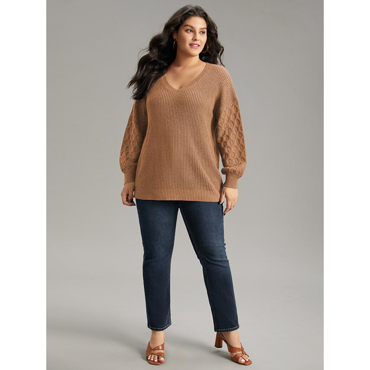 Plus Size Solid Cable Knit V Neck Drop Shoulder Pullover Chocolate Women Casual Long Sleeve V-neck Everyday Pullovers BloomChic 28/5X Product Image