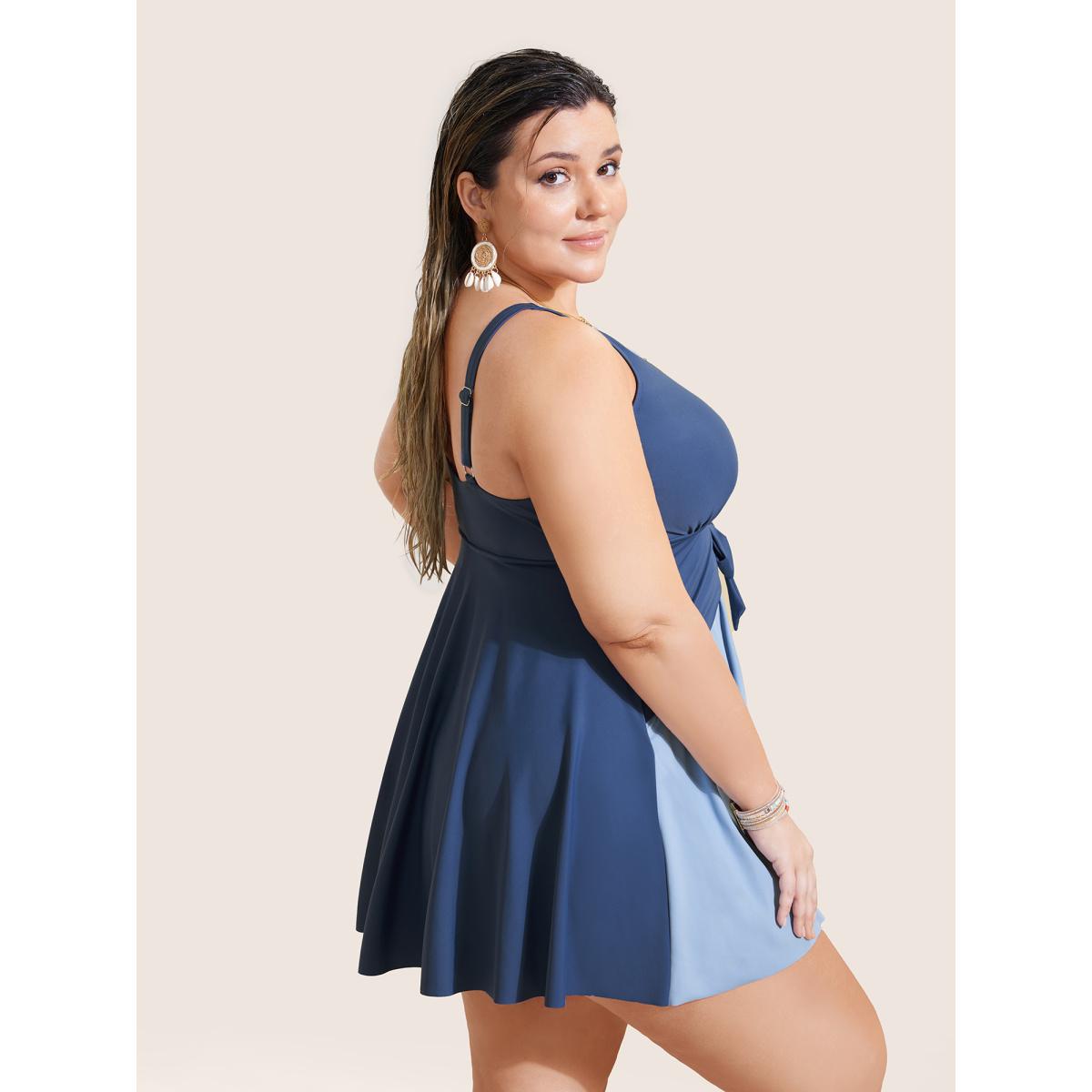 Plus Size Contrast V Neck Tie Knot Swim Dress Women's Swimwear Indigo Beach Bodycon V-neck High stretch Curve Swim Dresses BloomChic 12/L Product Image