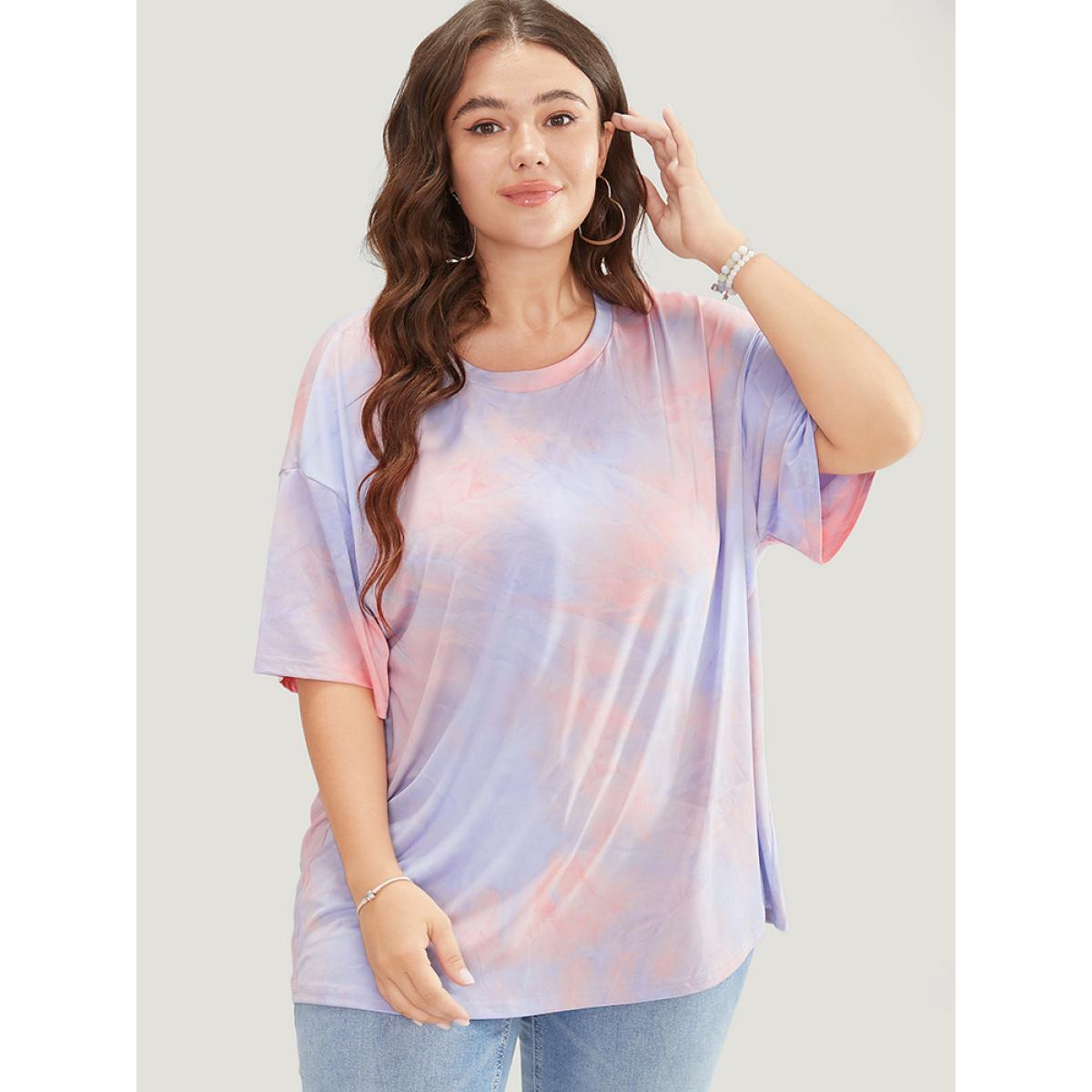 Plus Size Tie Dye Round Neck Half Sleeve T-shirt Pink Women Casual Tie Dye Tie Dye Round Neck Dailywear T-shirts BloomChic 26/4X Product Image