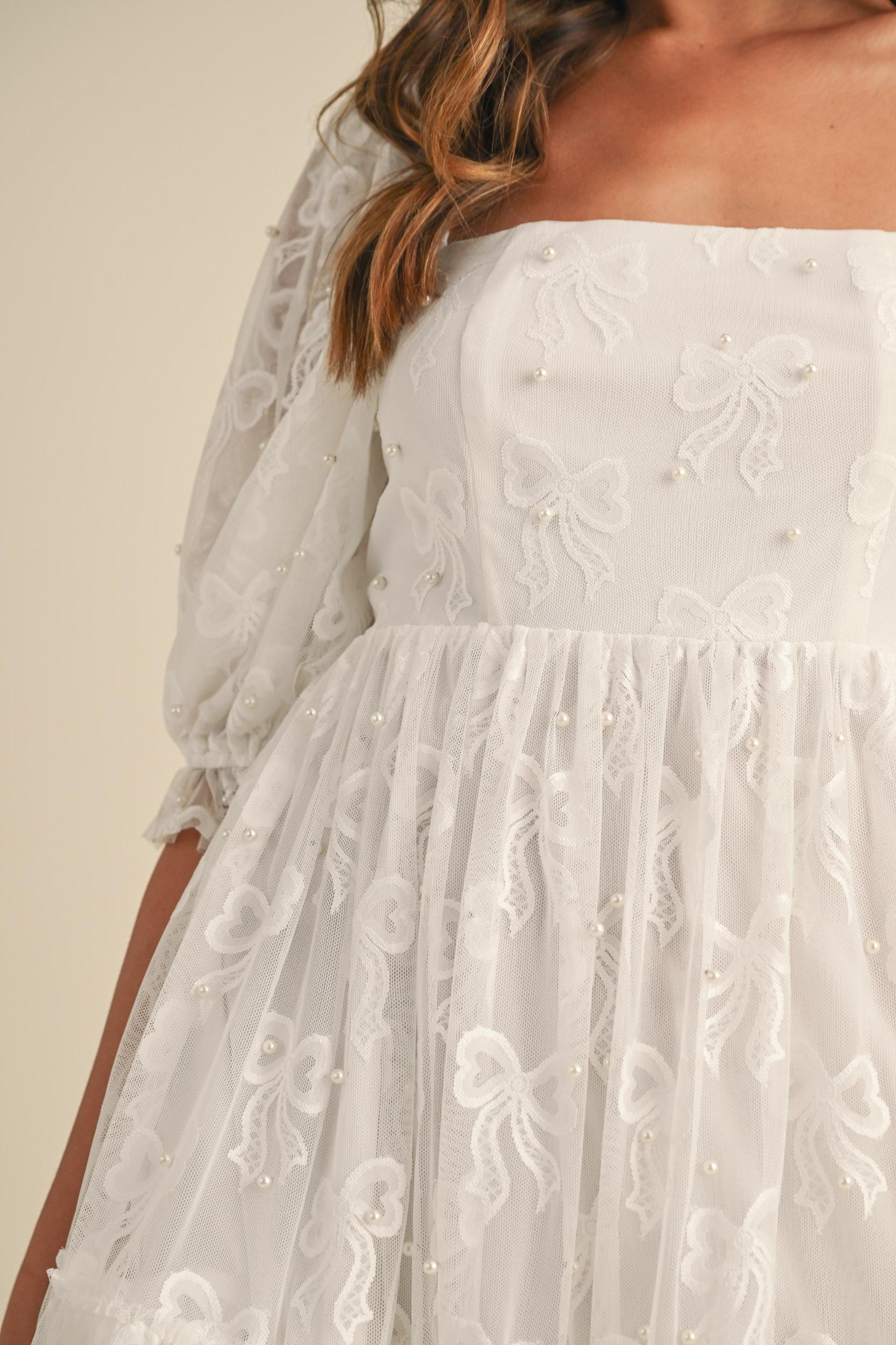 Jacquard Bow & Pearl Detail Mesh Dress Product Image