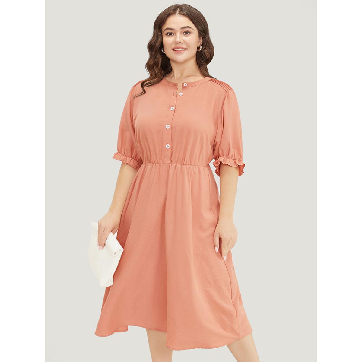 Plus Size Plain Ruffles Pocket Button Up Puff Sleeve Pleated Dress Salmon Women Office Pleated Round Neck Short sleeve Curvy Midi Dress BloomChic 14-16/1X Product Image