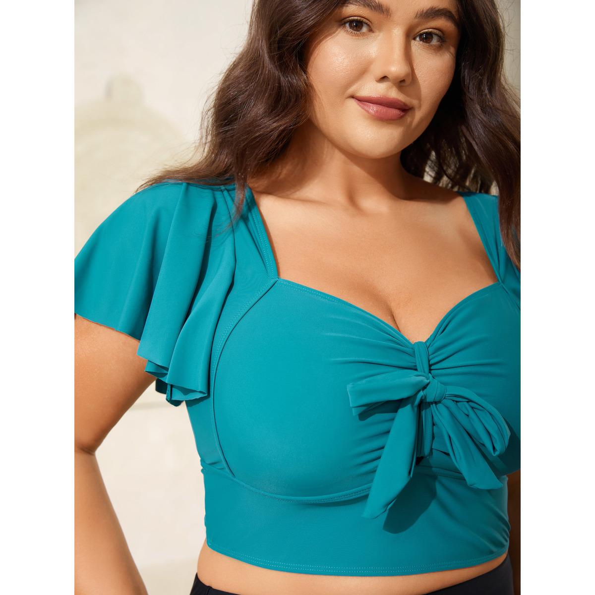Plus Size Knotted Bodice Flared Sleeve Swim Top Women's Swimwear Teal Resort Tie knot High stretch Skinny Heart neckline Curve Swim Tops BloomChic 26/4X Product Image