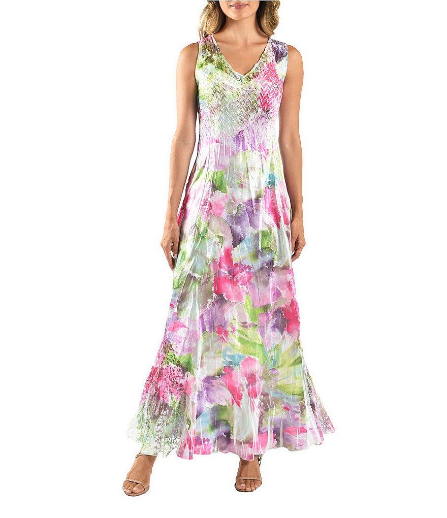 Komarov V-Neck Sleeveless Vivid Flora Lace Inset A-Line Charmeuse Maxi Dress Product Image