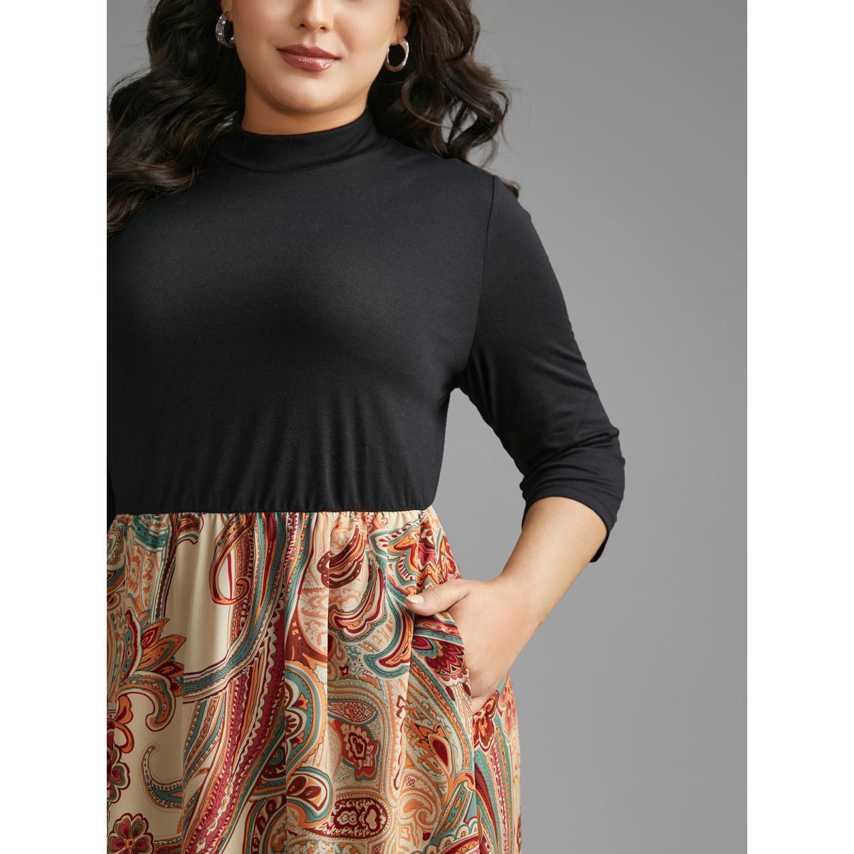 Plus Size Bandana Print Patchwork Elastic Waist Dress Black Women Resort Patchwork Mock Neck Elbow-length sleeve Curvy BloomChic 30/6X Product Image