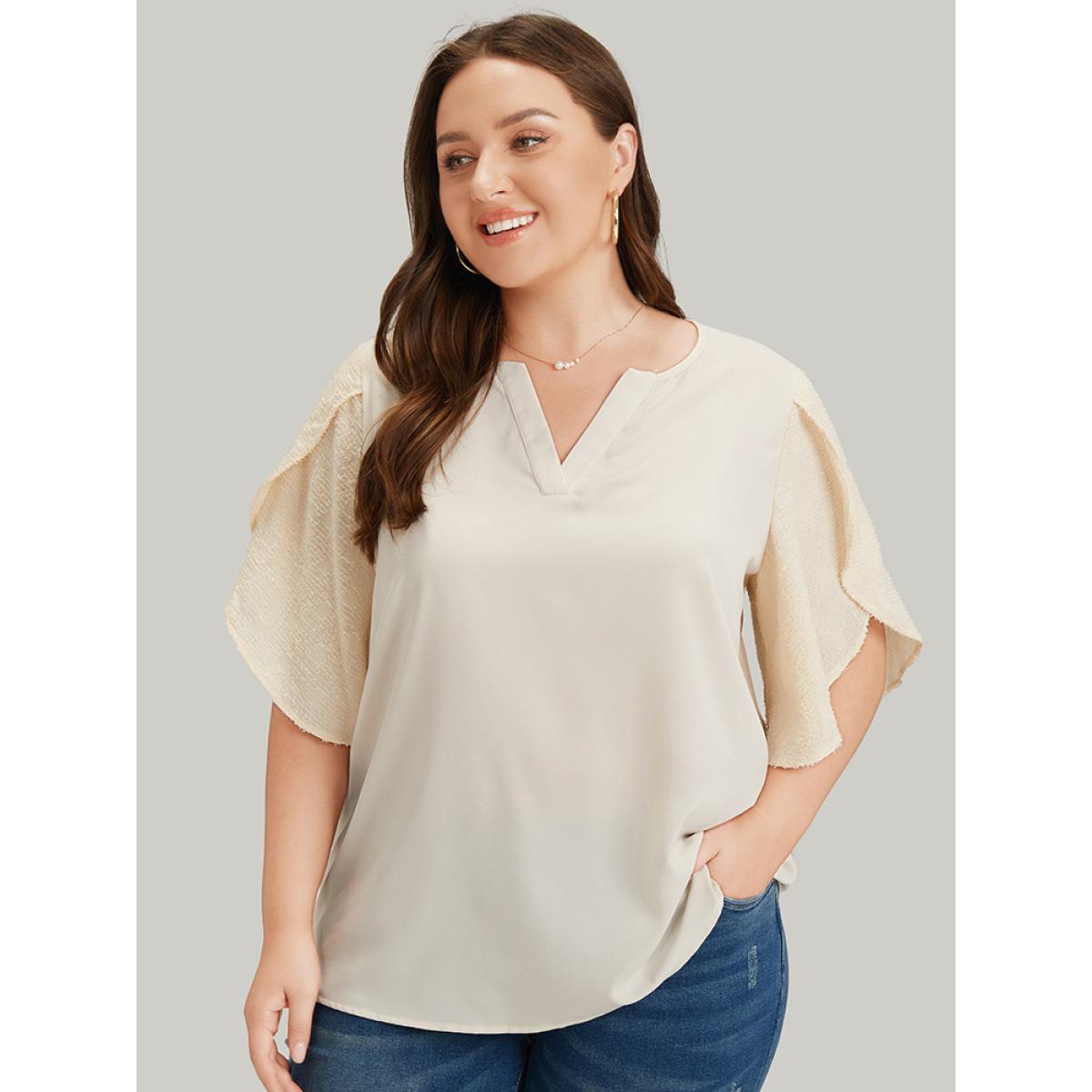 Plus Size Ivory Anti-Wrinkle Solid Patchwork Petal Sleeve Notched Blouse Women Office Half Sleeve Notched collar Work Blouses BloomChic 18-20/2X Product Image