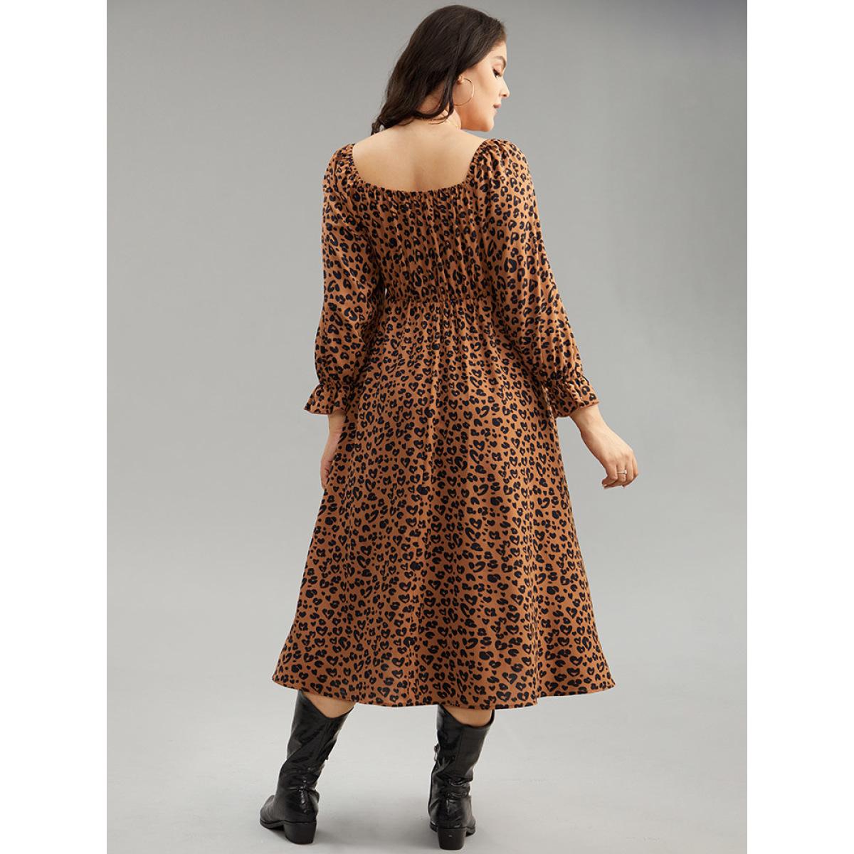 Plus Size Leopard Print Shirred Square Neck Pocket Dress Rust Women Casual Printed Square Neck Long Sleeve Curvy Midi Dress BloomChic 12/L Product Image