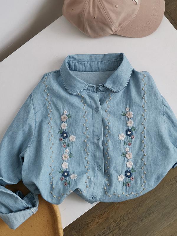 Flower Embroidery Wash Denim Blouses&Shirts Product Image