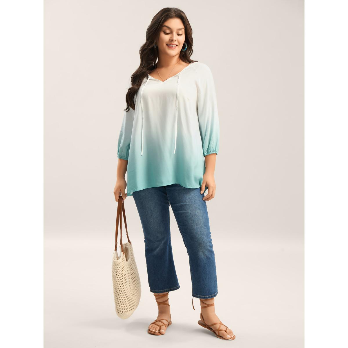 Plus Size Malachitegreen Tie-Dye Rayon Neck Tie Blouse Women Resort Elbow-length sleeve V-neck Vacation Blouses BloomChic 18-20/2X Product Image