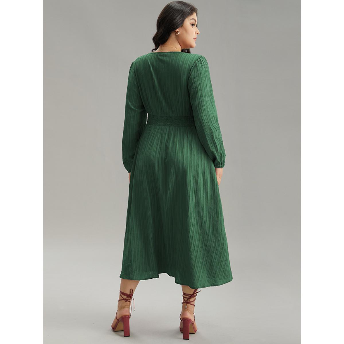 Plus Size Solid Plisse Button Detail Shirred Dress DarkGreen Women Elegant Elastic cuffs V-neck Long Sleeve Curvy Midi Dress BloomChic 22-24/3X Product Image
