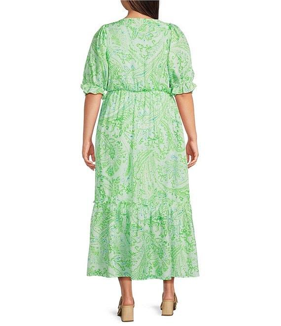 Calessa Plus Size Paisley Print V-Neck Elbow Sleeve Tiered Dress Product Image