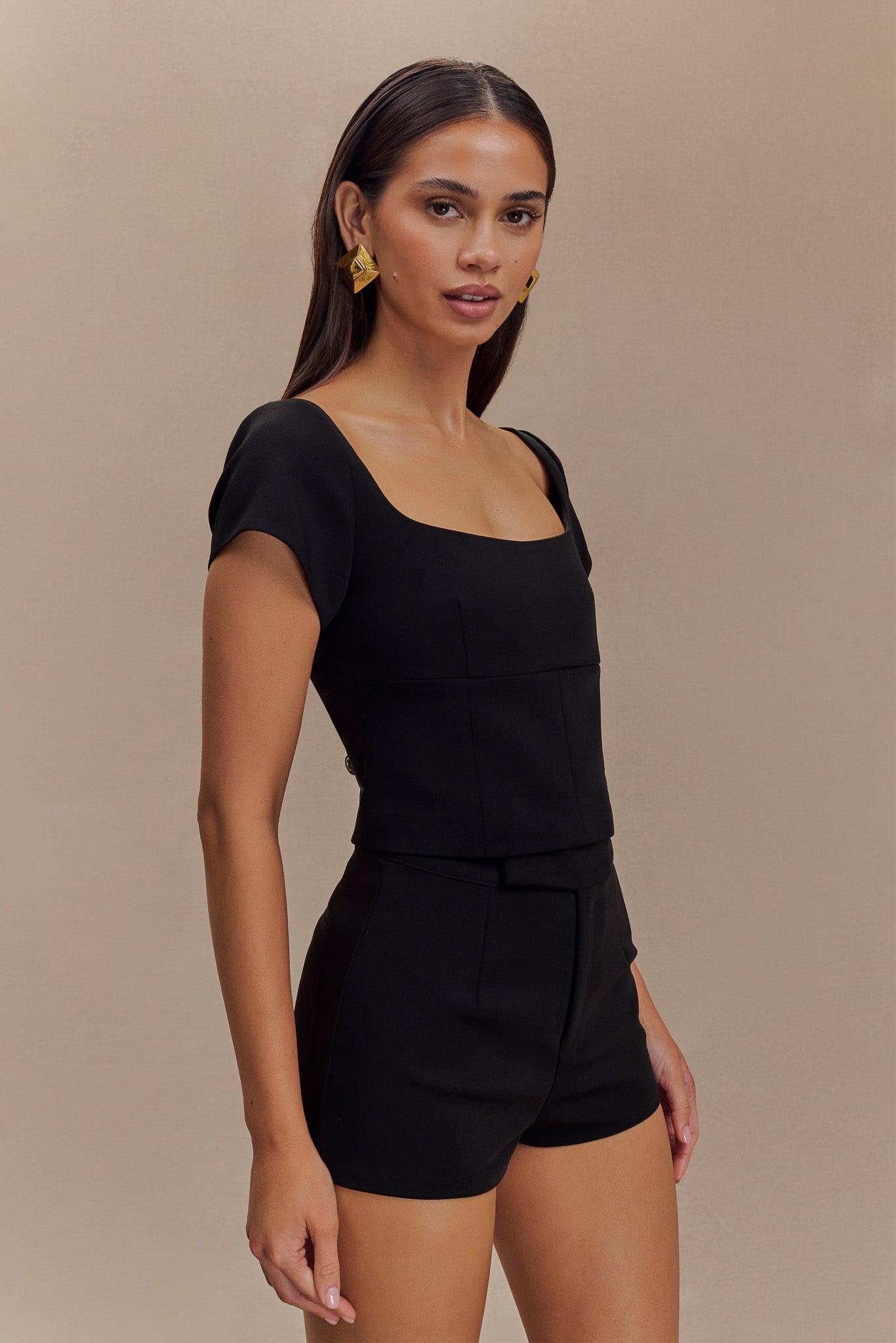Ellis Cap Sleeve Longline Suiting Top - Black Product Image