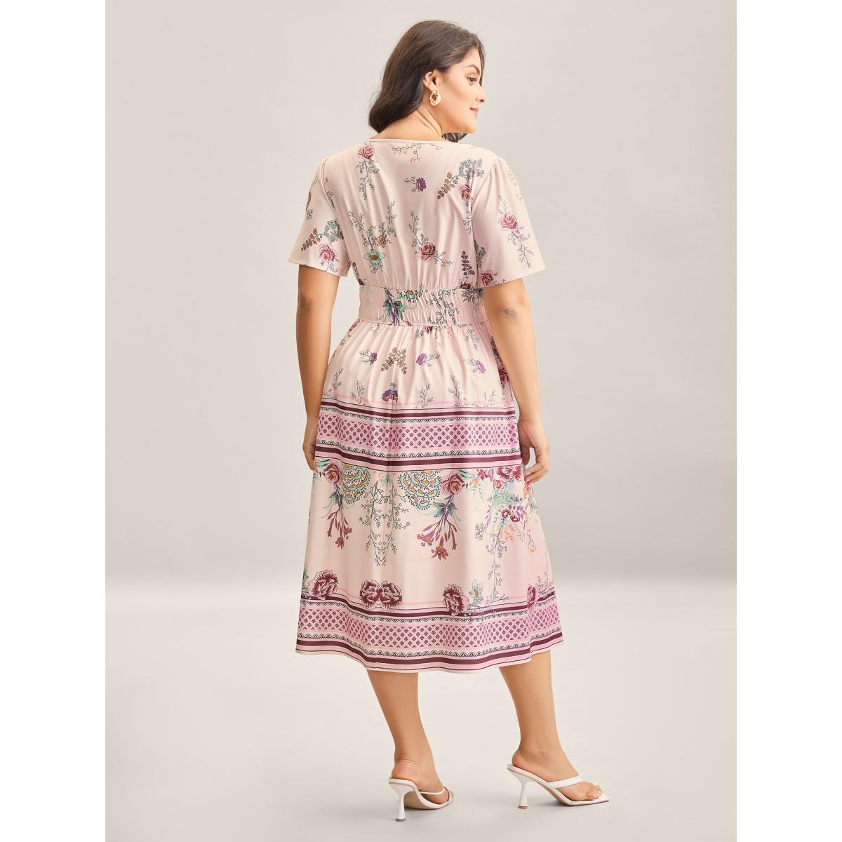 Plus Size Floral Print Waist Defining Midi Dress Peach Women Notched collar Short sleeve Curvy BloomChic 26/4X Product Image