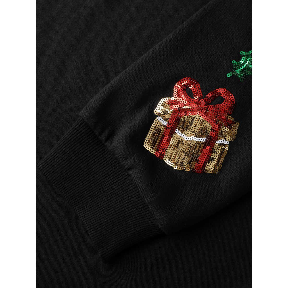 Plus Size Holiday Sequin Embroidery Relaxed-Fit Sweatshirt Women Black Leisure Round Neck Casual Sweatshirts BloomChic 14-16/1X Product Image