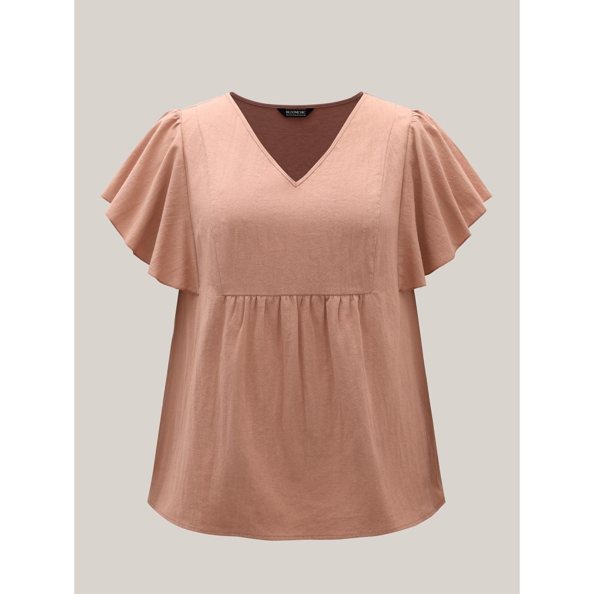 Plus Size Crepe Pure Cotton Flutter Sleeve V-Neck Blouse Women Resort Short sleeve V-neck Vacation Blouses BloomChic 26/4X Product Image