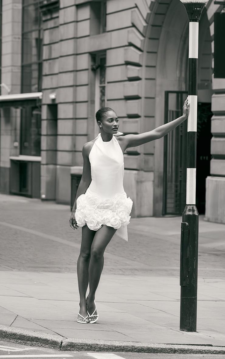 Premium White Woven Floral Ruffle Detail High Neck Cowl Bodycon Dress Product Image