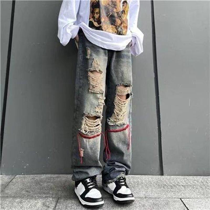 Men's American Retro High Street Ins Trendy Ripped Jeans Product Image