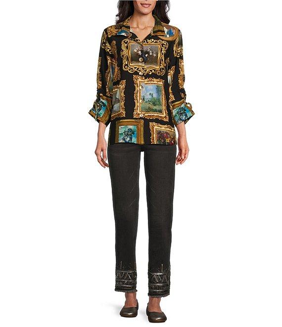 John Mark Printed Wire Collar Cinch Tie Sleeve Button Front Top Product Image