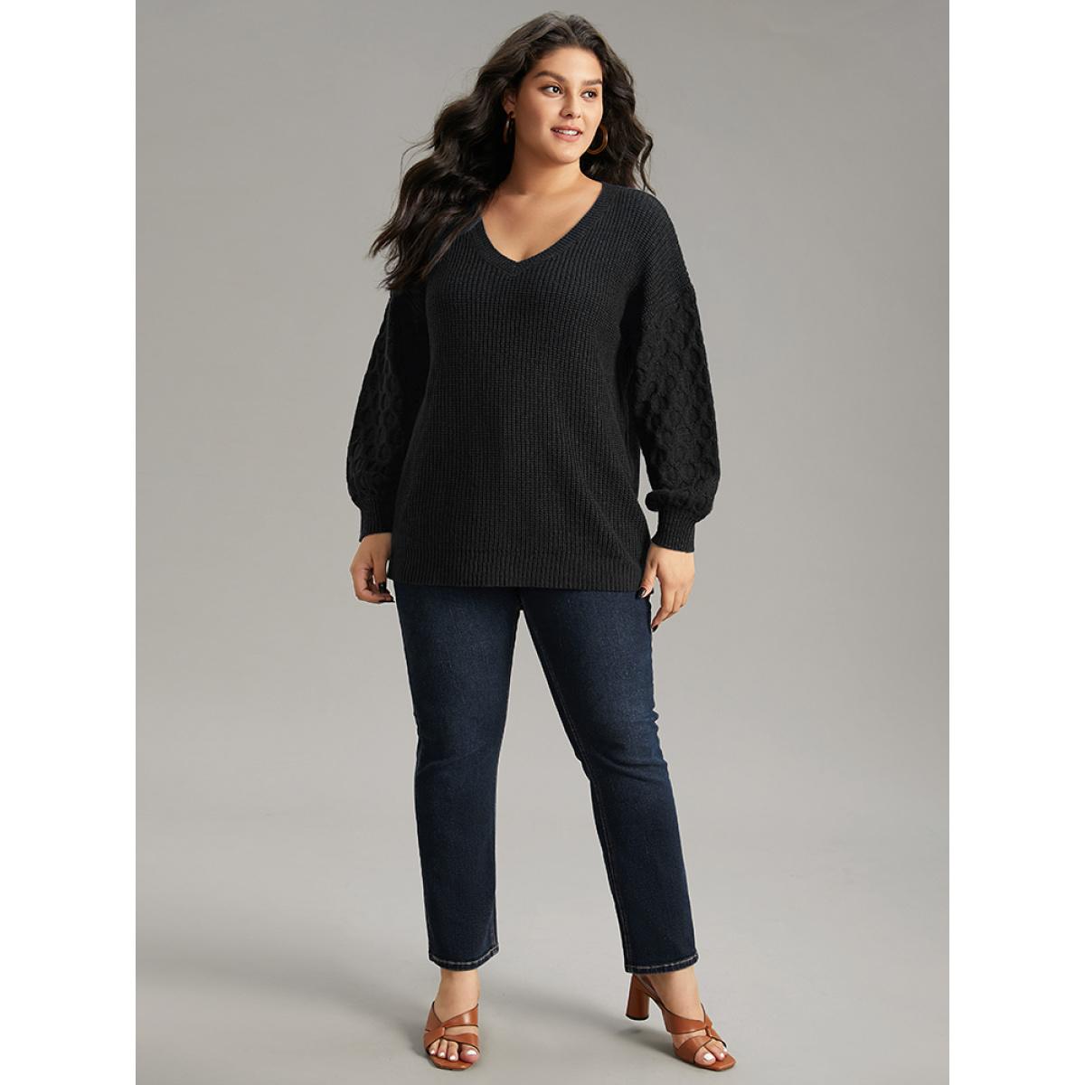 Plus Size Solid Cable Knit V Neck Drop Shoulder Pullover Black Women Casual Long Sleeve V-neck Everyday Pullovers BloomChic 14-16/1X Product Image